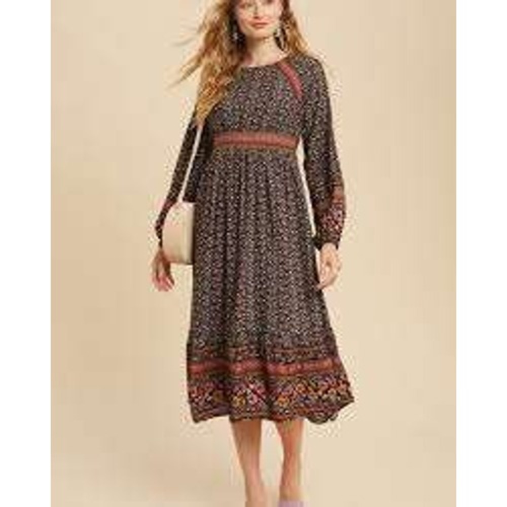 In Loom Maxi Dress Women L Black Boho Bohemian Bloomcore Peasant Prairie Cottage